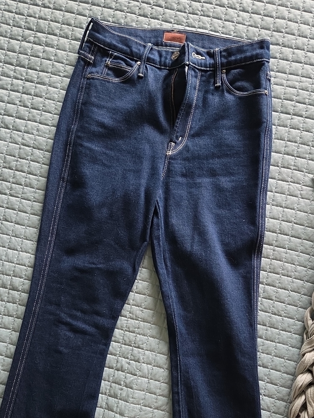 MOTHER Navy Straight-Leg Jeans with White Side Stitch